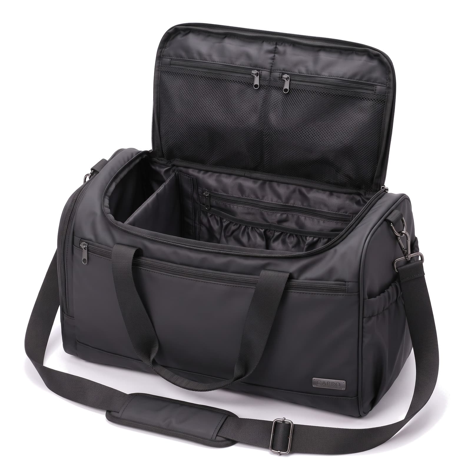 The Original in Matte Black, open to show the divider and pockets