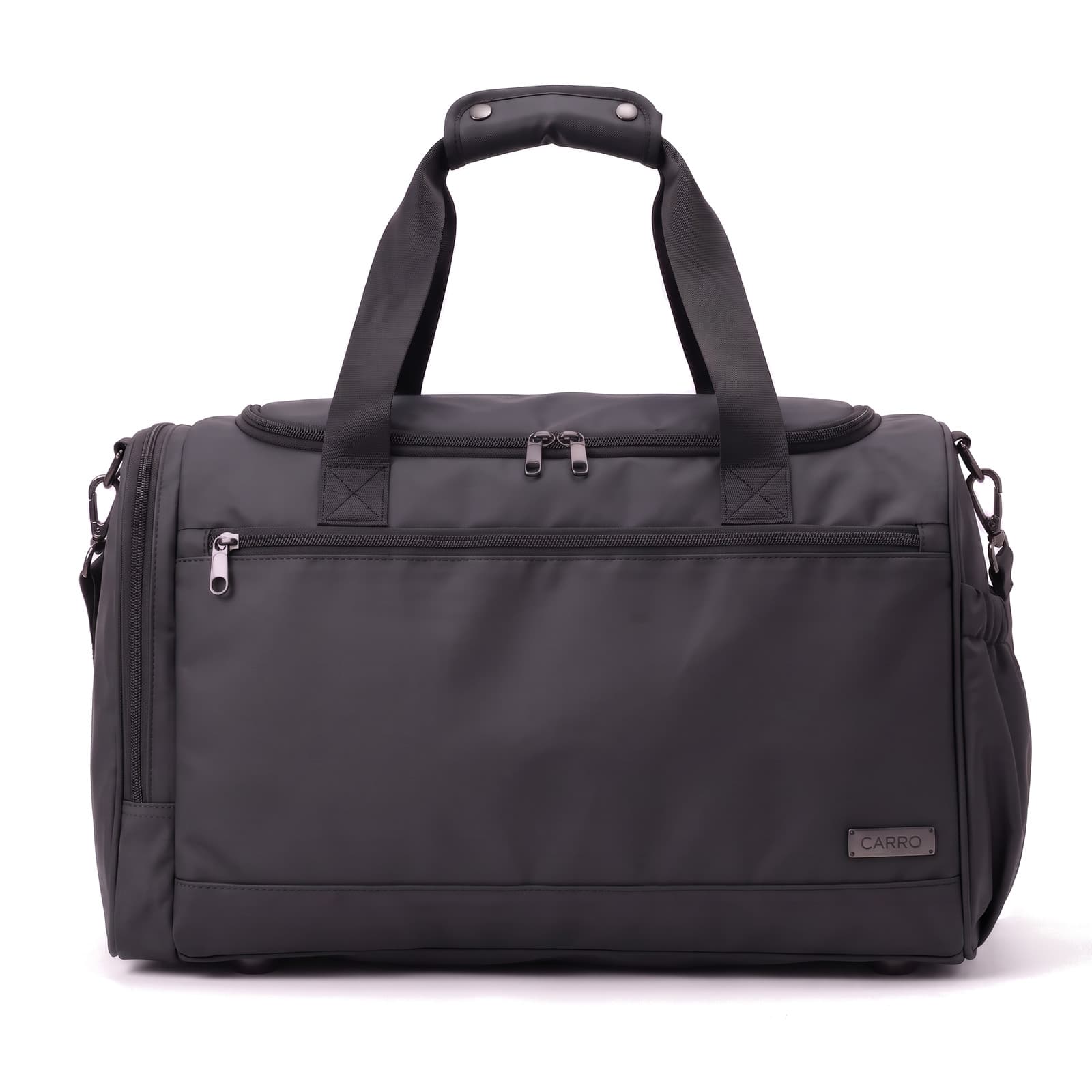 The Original in Matte Black, front view with zip pocket and CARRO plate